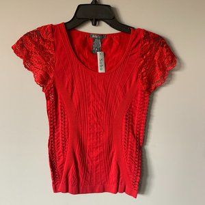 Boutique Short Sleeve Top - Red with Lace & Embellishments